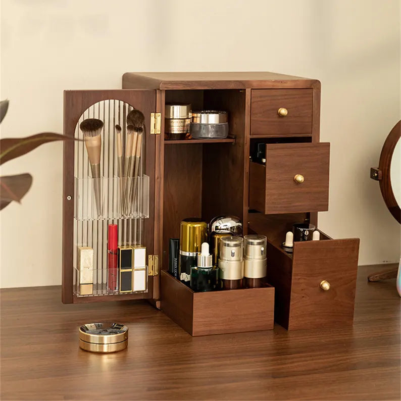 Elegant Wooden Makeup Organizer with Drawers and Brush Holder – Stylish Cosmetic and Vanity Organizer for Beauty Essentials