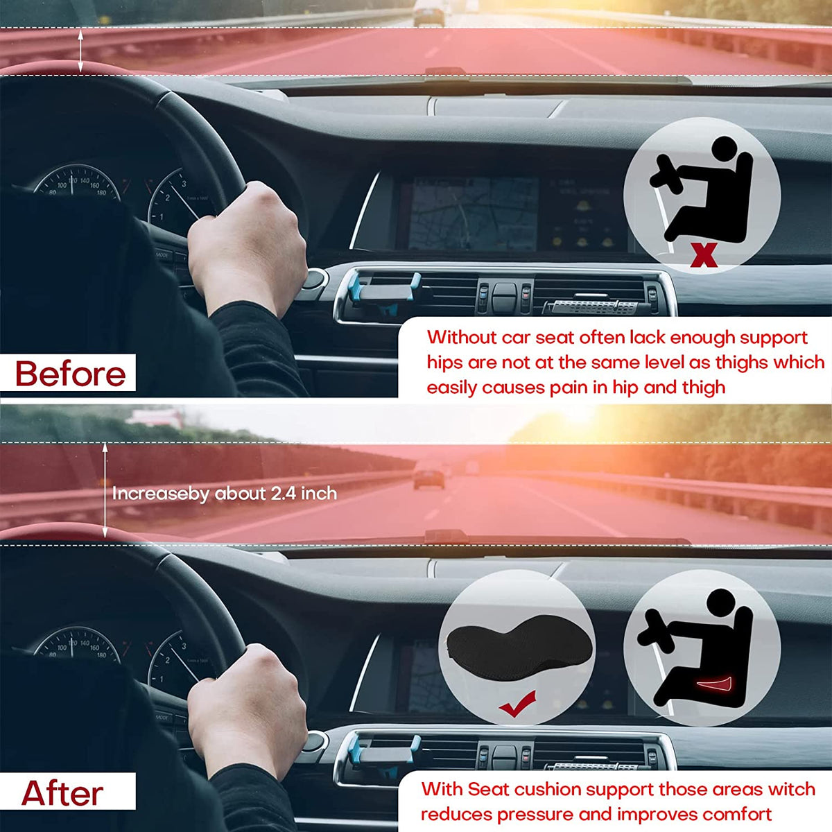 Elevate Your Drive | Car Seat Cushion with Non-Slip Base | Height Boost for Improved Driving Visibility