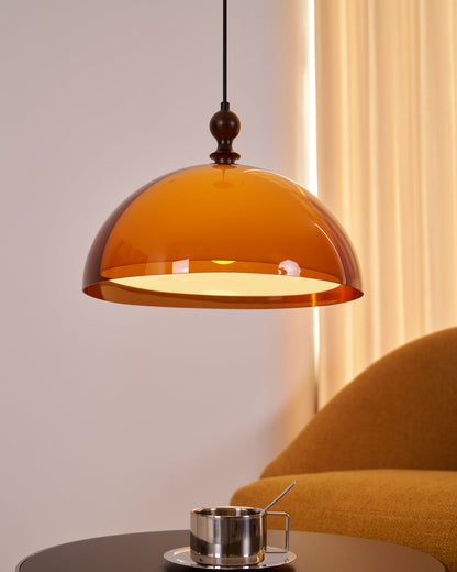 Hanging Ceiling Light Fixture with Walnut Wood Accent and Acrylic Shade 14 Inch Diameter for Kitchen Island Dining Room Table Adjustable Hei