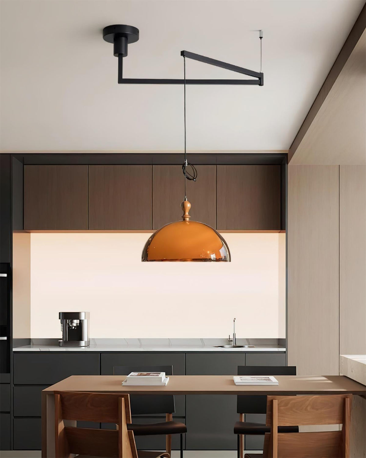 Hanging Ceiling Light Fixture with Walnut Wood Accent and Acrylic Shade 14 Inch Diameter for Kitchen Island Dining Room Table Adjustable Hei