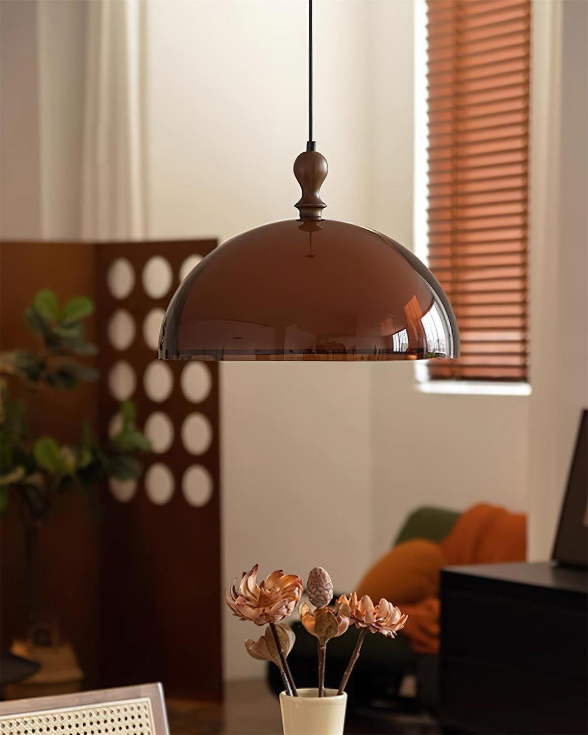 Hanging Ceiling Light Fixture with Walnut Wood Accent and Acrylic Shade 14 Inch Diameter for Kitchen Island Dining Room Table Adjustable Hei