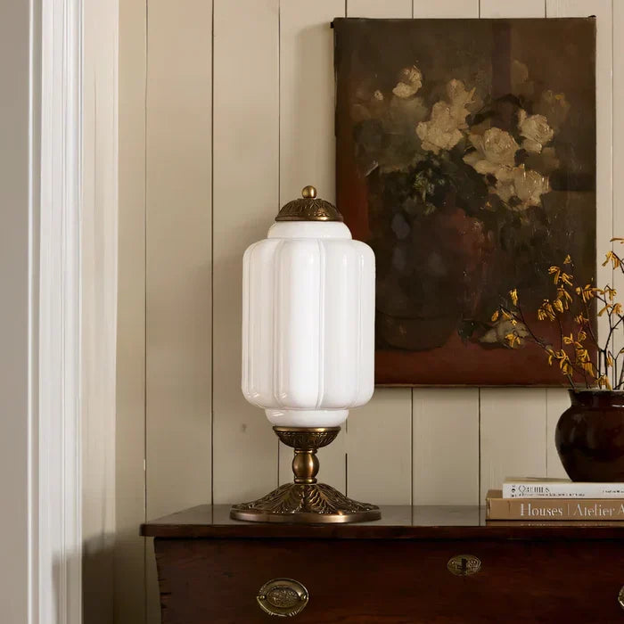 Frosted Glass Accent Lamp 16 Inches Tall Brass Base Bedside Nightstand Light Warm Diffused Illumination Retro Style Desk Lighting