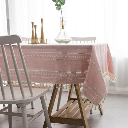 Elysian Cotton Linen Tablecloth - Striped Embroidery Tassel Lace