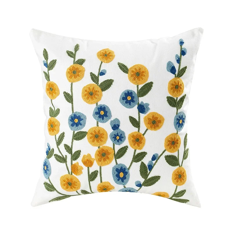Embroidered Cotton Canvas Cushion Cover – Rustic Floral Design for Couch and Sofa