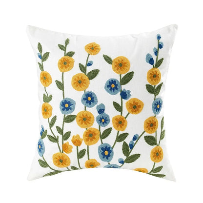 Embroidered Cotton Canvas Cushion Cover – Rustic Floral Design for Couch and Sofa