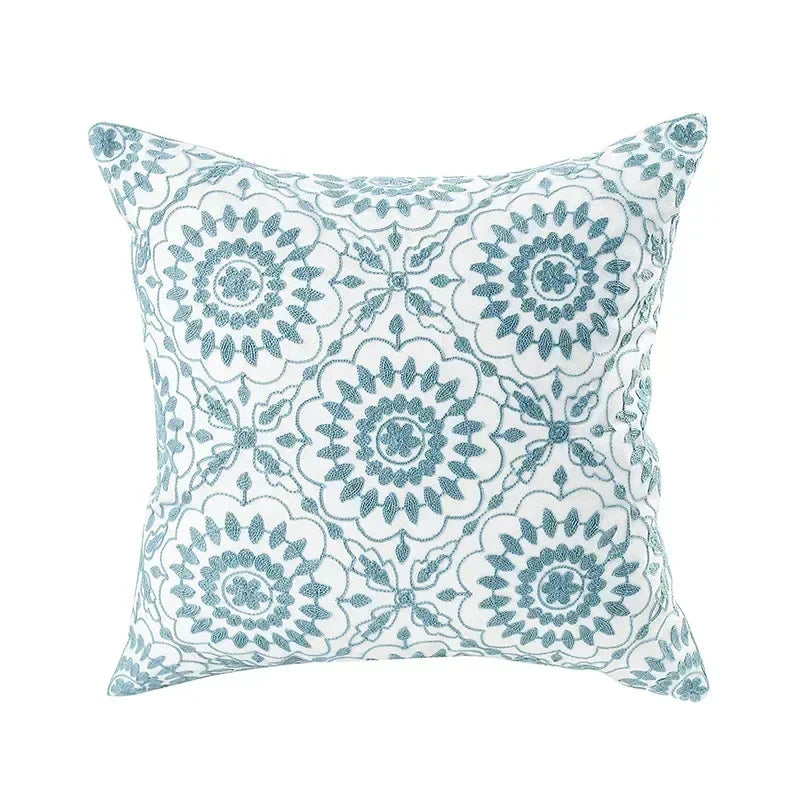 Embroidered Cotton Canvas Cushion Cover – Rustic Floral Design for Couch and Sofa