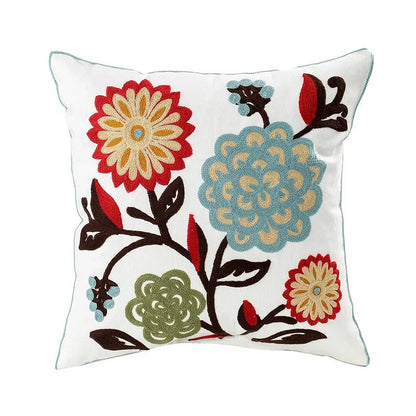 Embroidered Cotton Canvas Cushion Cover – Rustic Floral Design for Couch and Sofa