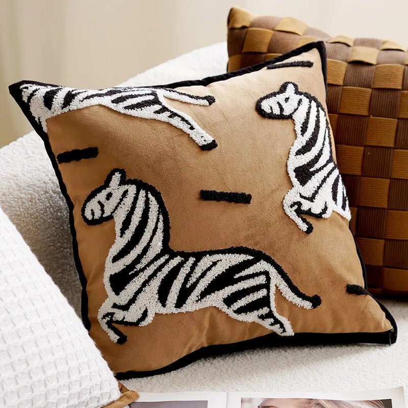 Embroidered Throw Pillow Cover with Animal Prints and Abstract Patterns – 17.72 × 17.72 inch