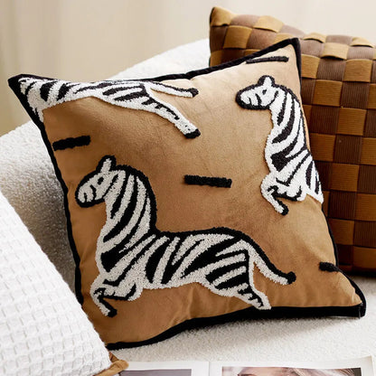 Embroidered Throw Pillow Cover with Animal Prints and Abstract Patterns – 17.72 × 17.72 inch