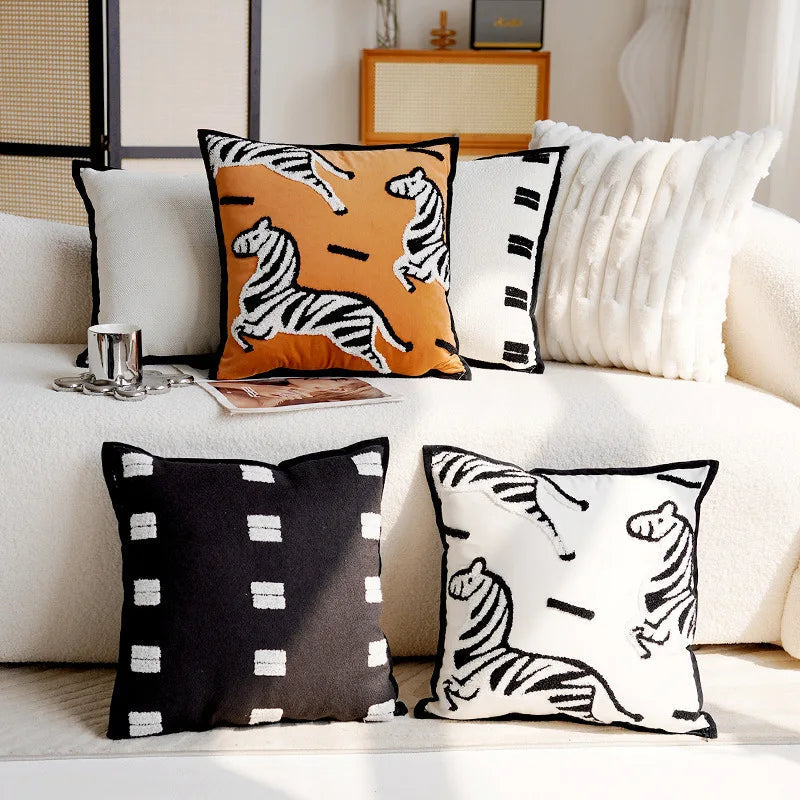 Embroidered Throw Pillow Cover with Animal Prints and Abstract Patterns – 17.72 × 17.72 inch