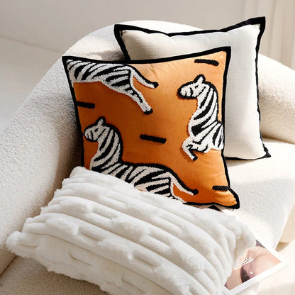Embroidered Throw Pillow Cover with Animal Prints and Abstract Patterns – 17.72 × 17.72 inch