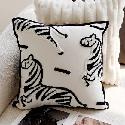 Embroidered Throw Pillow Cover with Animal Prints and Abstract Patterns – 17.72 × 17.72 inch