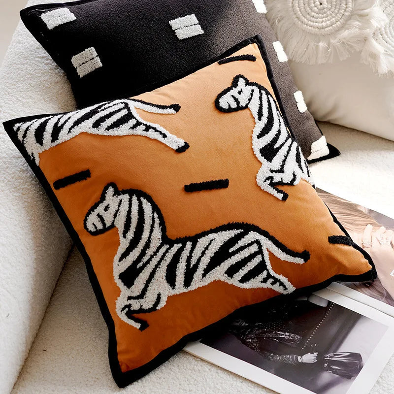 Embroidered Throw Pillow Cover with Animal Prints and Abstract Patterns – 17.72 × 17.72 inch