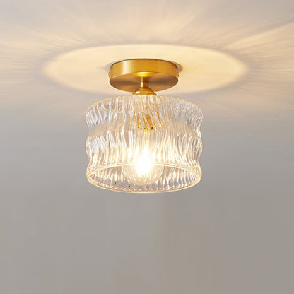 Semi-Flush Overhead Lamp with Textured Glass Dome and Brass-Tone Hardware for Low-Profile Entryways & Bedrooms
