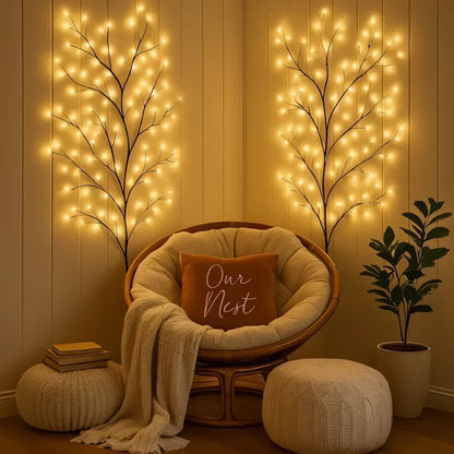 LED Lighted Willow Branch Wall Lamp Warm White Glow with Remote Dimmable Timer Indoor Accent Light for Living Room Bedroom Decor Home