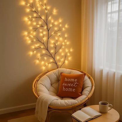 LED Lighted Willow Branch Wall Lamp Warm White Glow with Remote Dimmable Timer Indoor Accent Light for Living Room Bedroom Decor Home