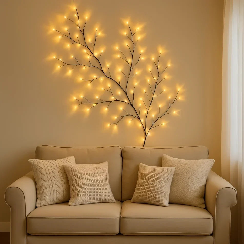 LED Lighted Willow Branch Wall Lamp Warm White Glow with Remote Dimmable Timer Indoor Accent Light for Living Room Bedroom Decor Home