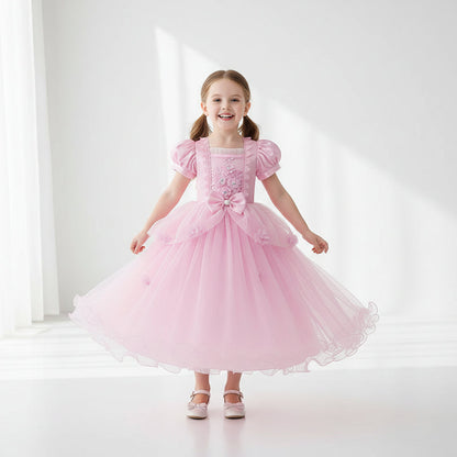 Enchanting Princess Dress | Girls' Lace Party Gown with Puff Sleeves | Perfect for Halloween and Special Events