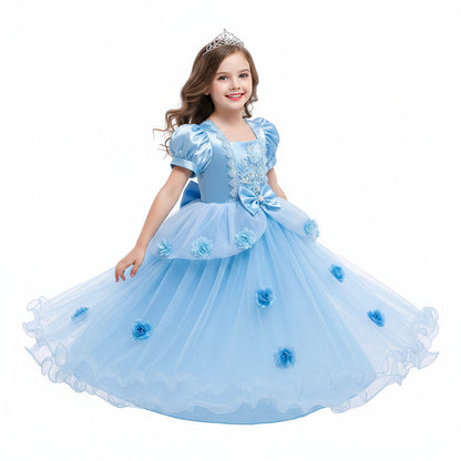 Enchanting Princess Dress | Girls' Lace Party Gown with Puff Sleeves | Perfect for Halloween and Special Events
