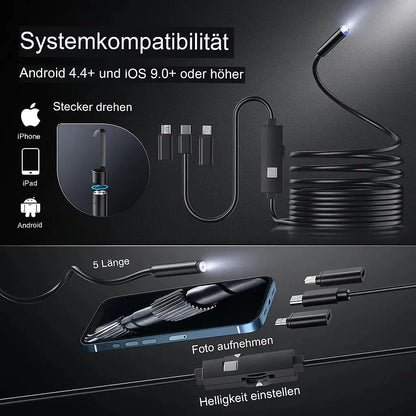 Flexible Borescope Camera with 16.4 ft Cable for Pipe Drain Engine Inspection | 0.3 in Waterproof HD Endoscope Smartphone Compatible for HVA