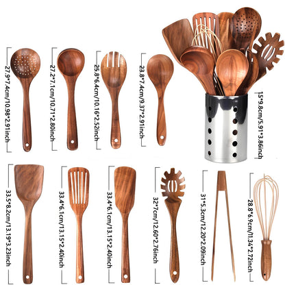 11-Piece Wooden Cooking Utensil Set with Holder Natural Teak Wood Spoons Spatulas for Nonstick Pans Kitchen Tools Organizer