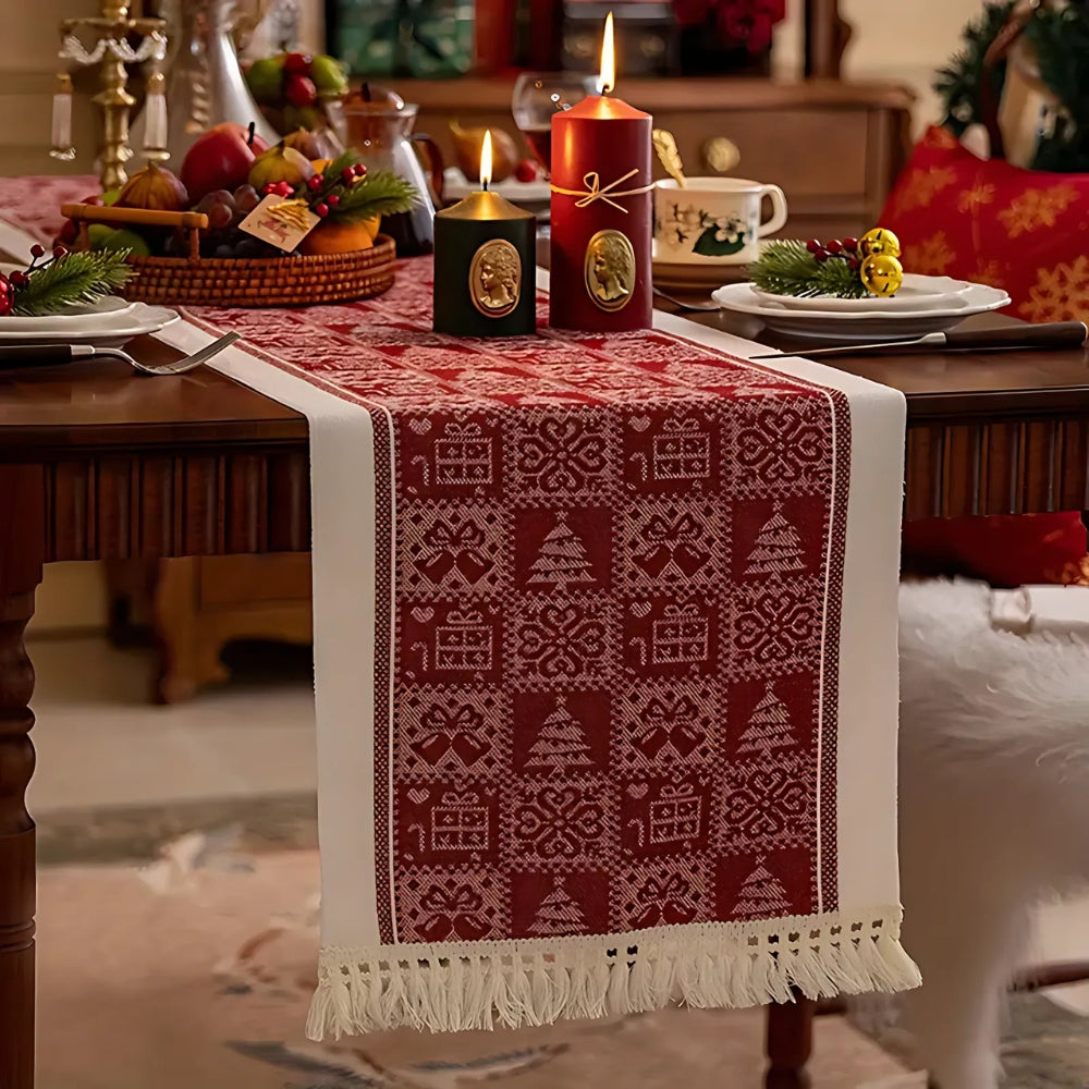 Everly Christmas Table Runner - Soft Microfiber, Elk Design with Tasseled Edges