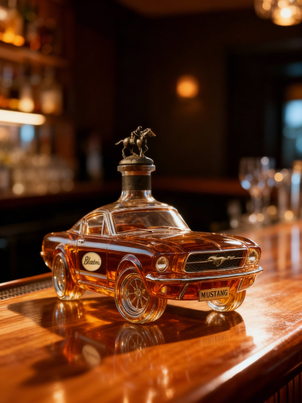 Classic American Muscle Car Glass Liquor Dispenser with Detailed Automotive Silhouette for Home Bar Display