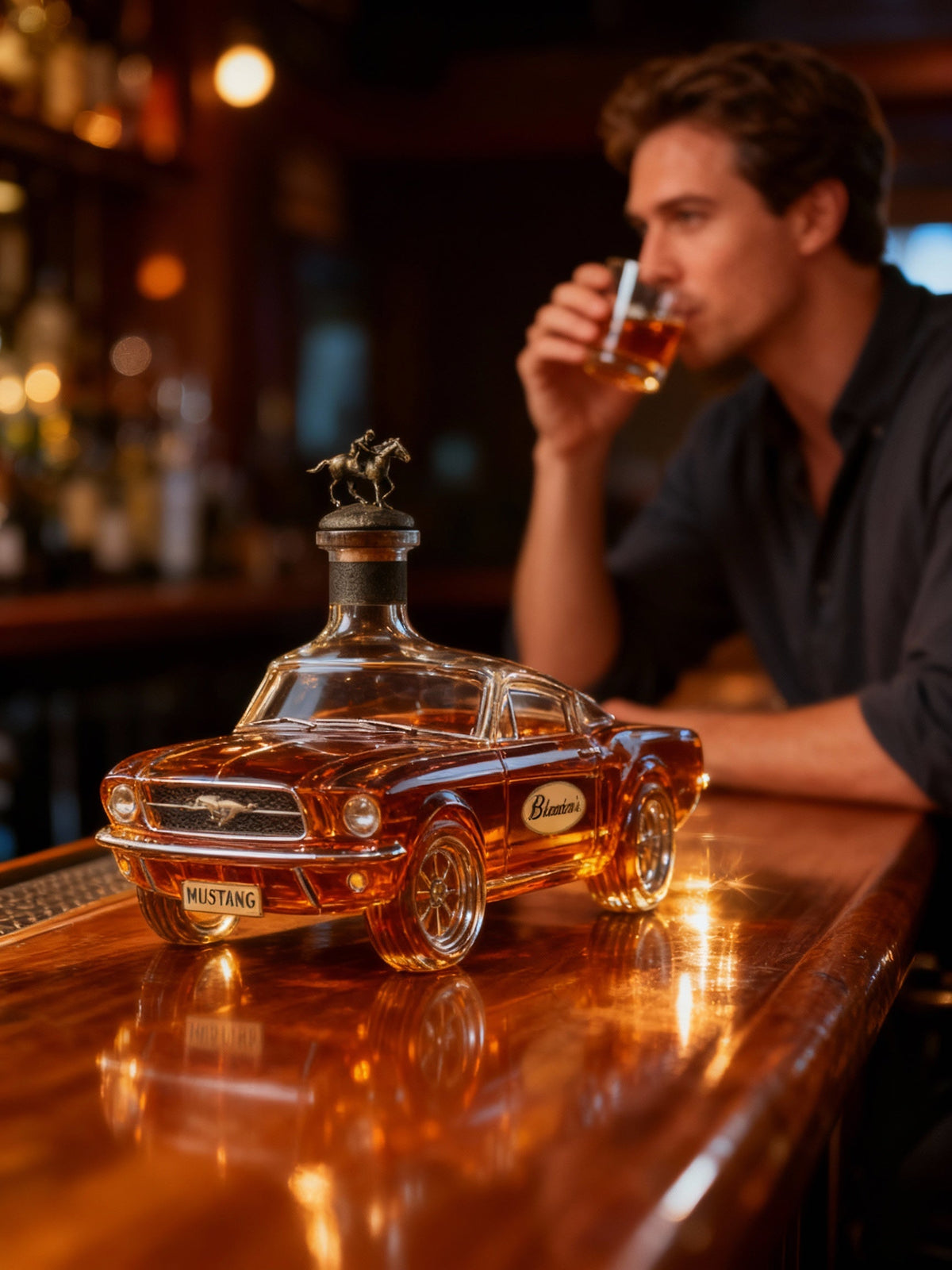 Classic American Muscle Car Glass Liquor Dispenser with Detailed Automotive Silhouette for Home Bar Display