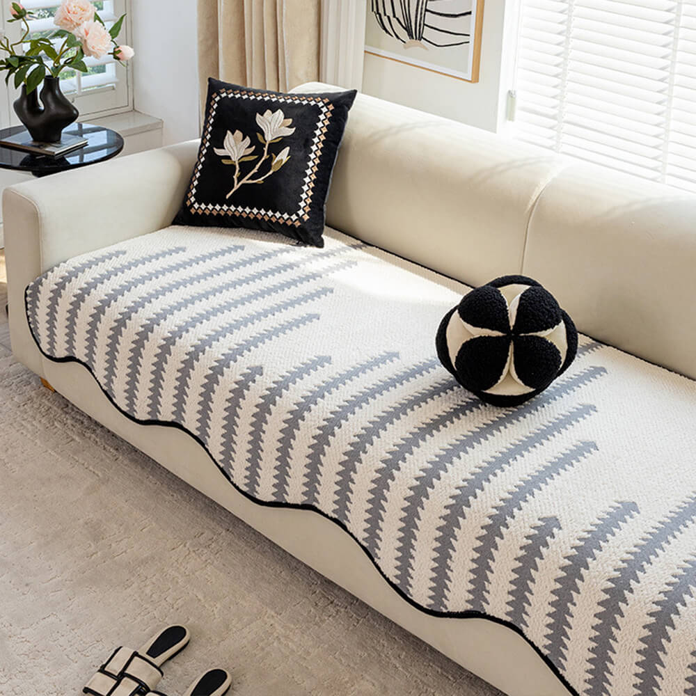 Chenille Sofa Throw Blanket with Scalloped Edges – Chevron Zigzag Pattern for Couch, Chair & Loveseat Protection – Soft Plush Furniture