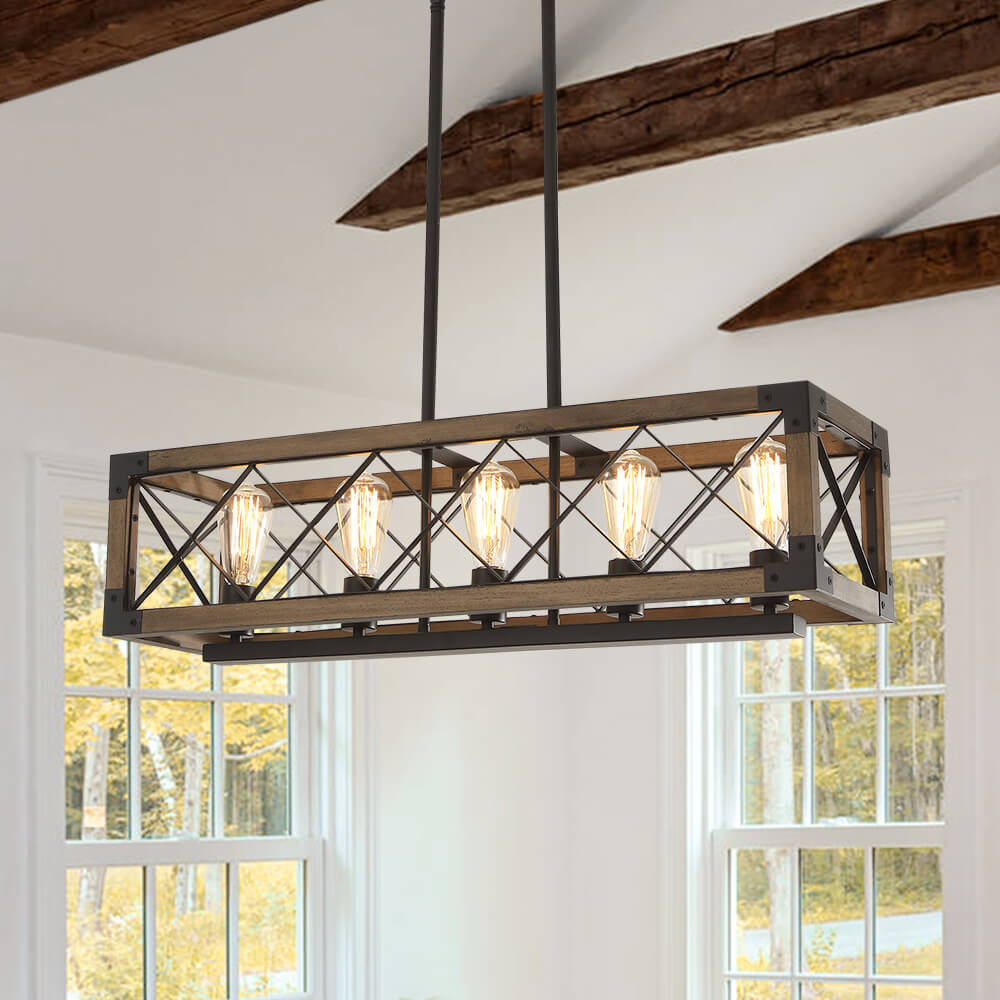 Rectangular Wood and Metal Hanging Fixture 31.5 Inches with 5 Sockets for Kitchen Island Dining Table Farmhouse Industrial Style Adjustable