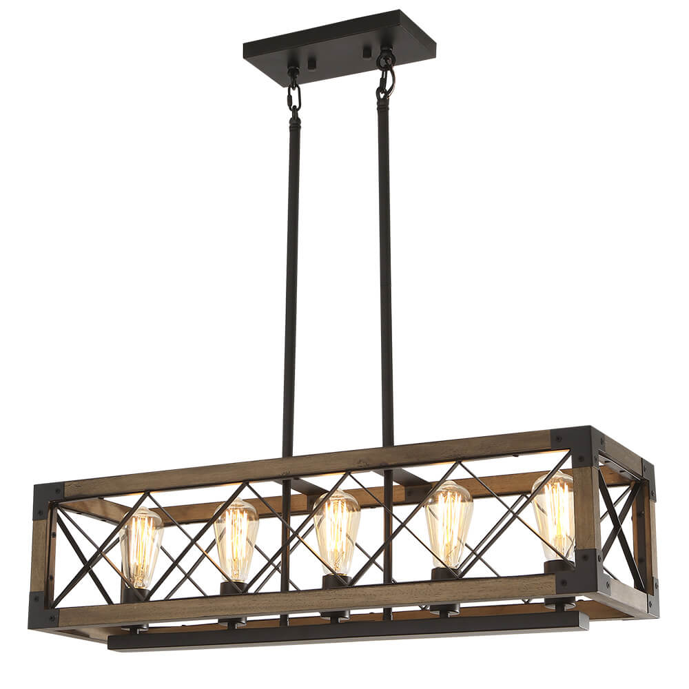 Rectangular Wood and Metal Hanging Fixture 31.5 Inches with 5 Sockets for Kitchen Island Dining Table Farmhouse Industrial Style Adjustable