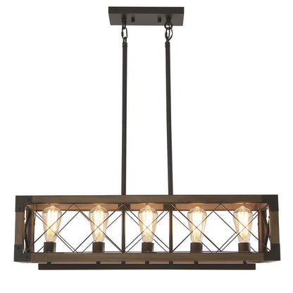 Rectangular Wood and Metal Hanging Fixture 31.5 Inches with 5 Sockets for Kitchen Island Dining Table Farmhouse Industrial Style Adjustable