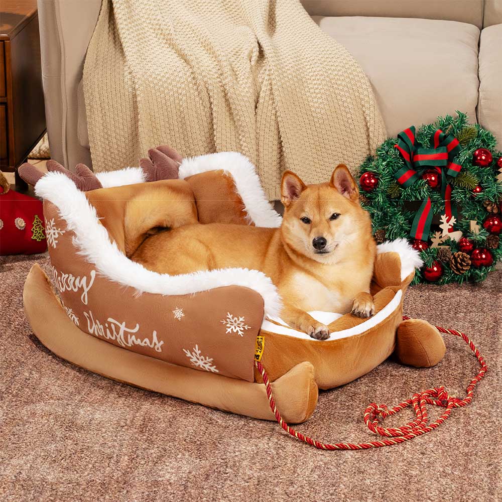Holiday Sleigh Dog Bed with Plush Velvet Lining for Small to Large Dogs Winter Pet Lounger Christmas Decor