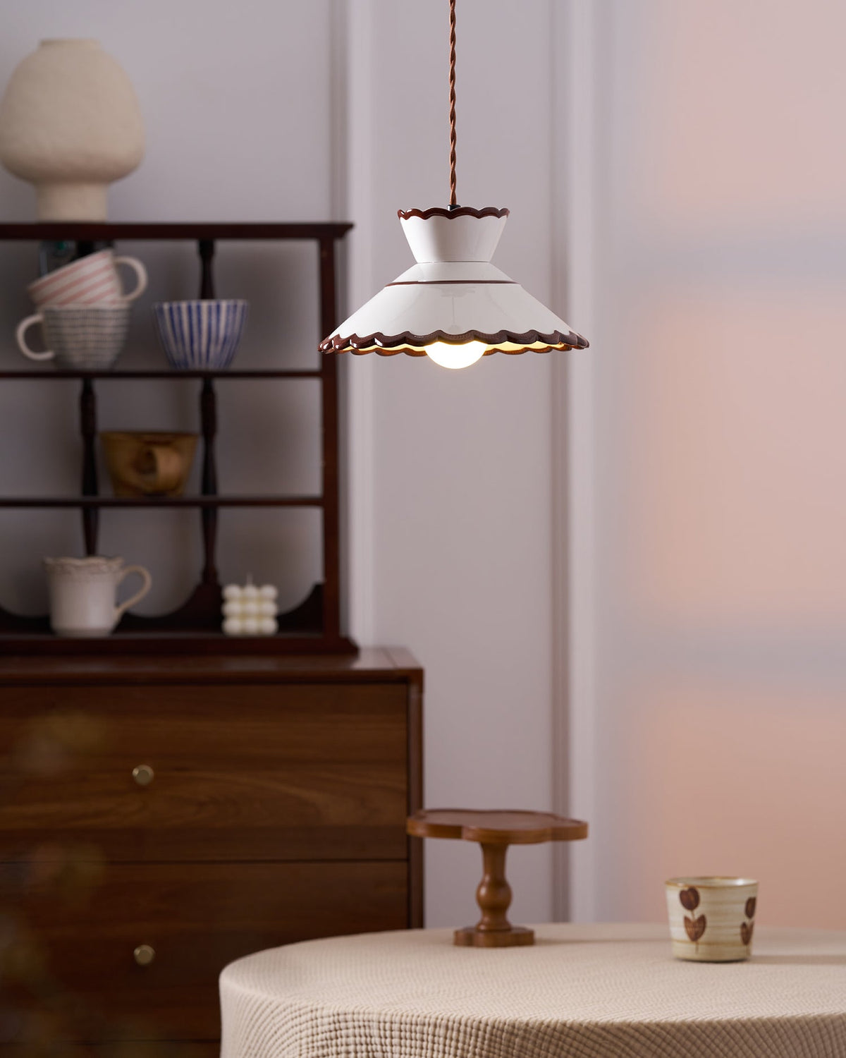 Handcrafted Ceramic Hanging Light with Floral Design 9.6 Inch Diameter Overhead Fixture Adjustable Cord E26 Socket for Dining Area Kitchen C