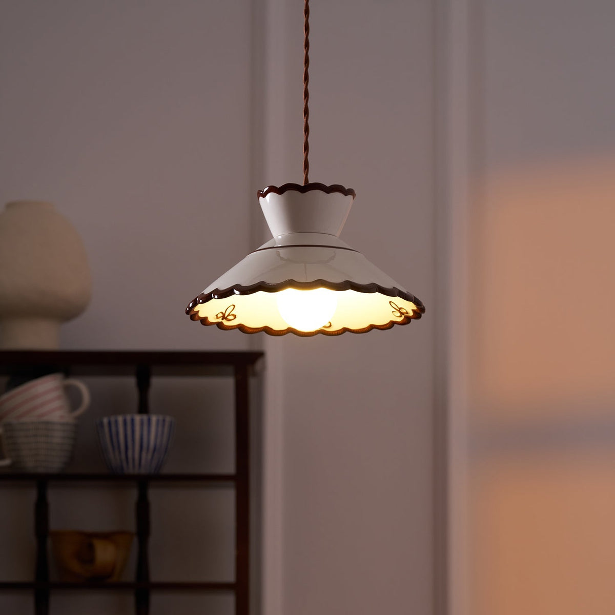 Handcrafted Ceramic Hanging Light with Floral Design 9.6 Inch Diameter Overhead Fixture Adjustable Cord E26 Socket for Dining Area Kitchen C