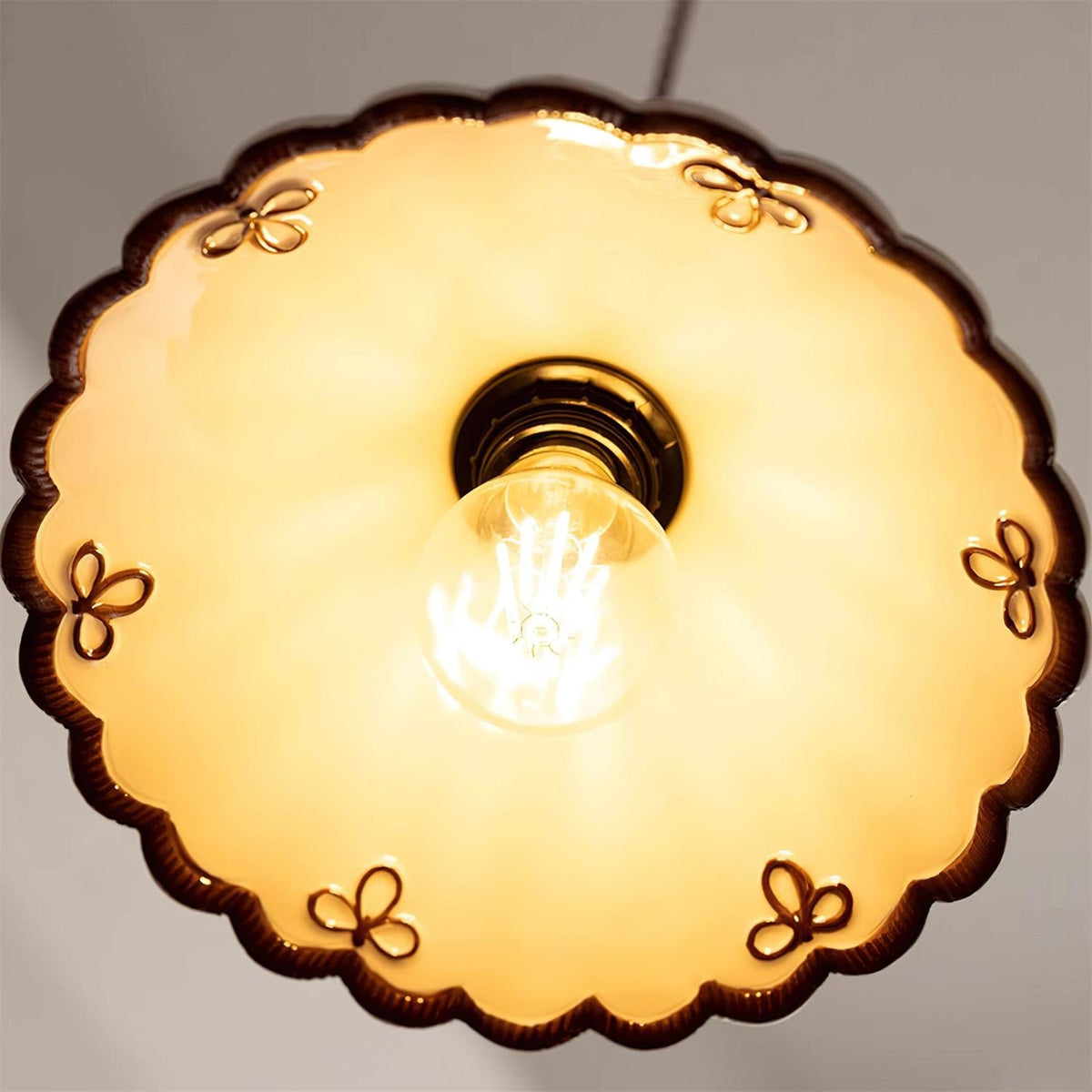 Handcrafted Ceramic Hanging Light with Floral Design 9.6 Inch Diameter Overhead Fixture Adjustable Cord E26 Socket for Dining Area Kitchen C