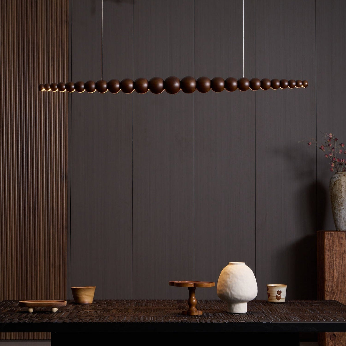 Linear LED Ceiling Fixture Wood & Metal 3000K Over Island Kitchen Dining Room Adjustable Height Suspended Bar Light Modern Minimalist Scandi