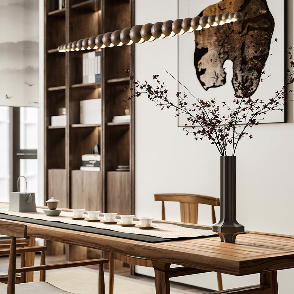 Linear LED Ceiling Fixture Wood & Metal 3000K Over Island Kitchen Dining Room Adjustable Height Suspended Bar Light Modern Minimalist Scandi