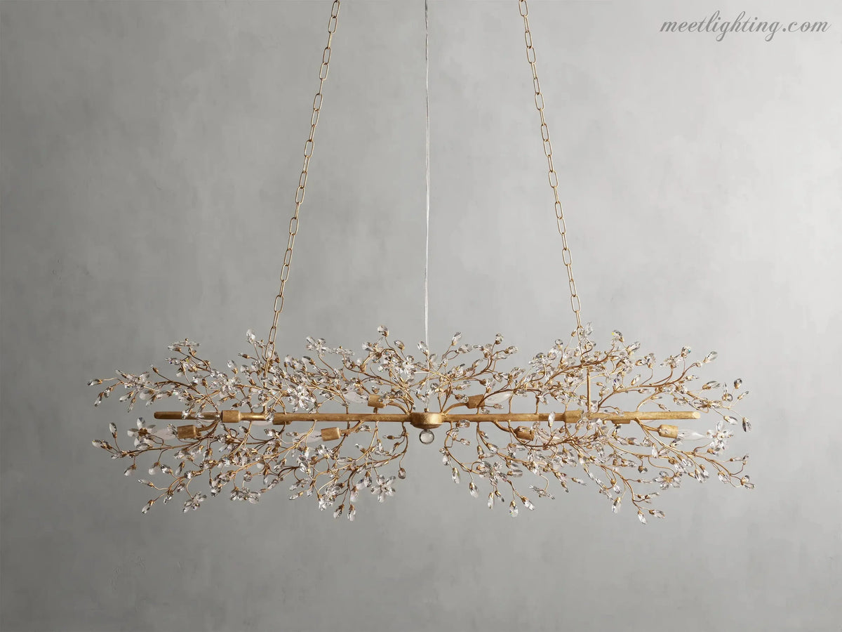Crystal Branch Chandelier 8-10 Light Linear Fixture for Dining Room Gold Silver Bronze Finish