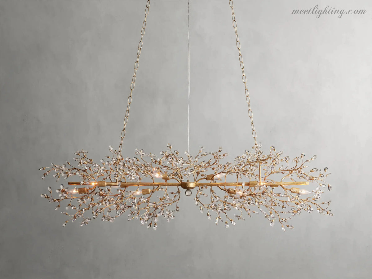 Crystal Branch Chandelier 8-10 Light Linear Fixture for Dining Room Gold Silver Bronze Finish