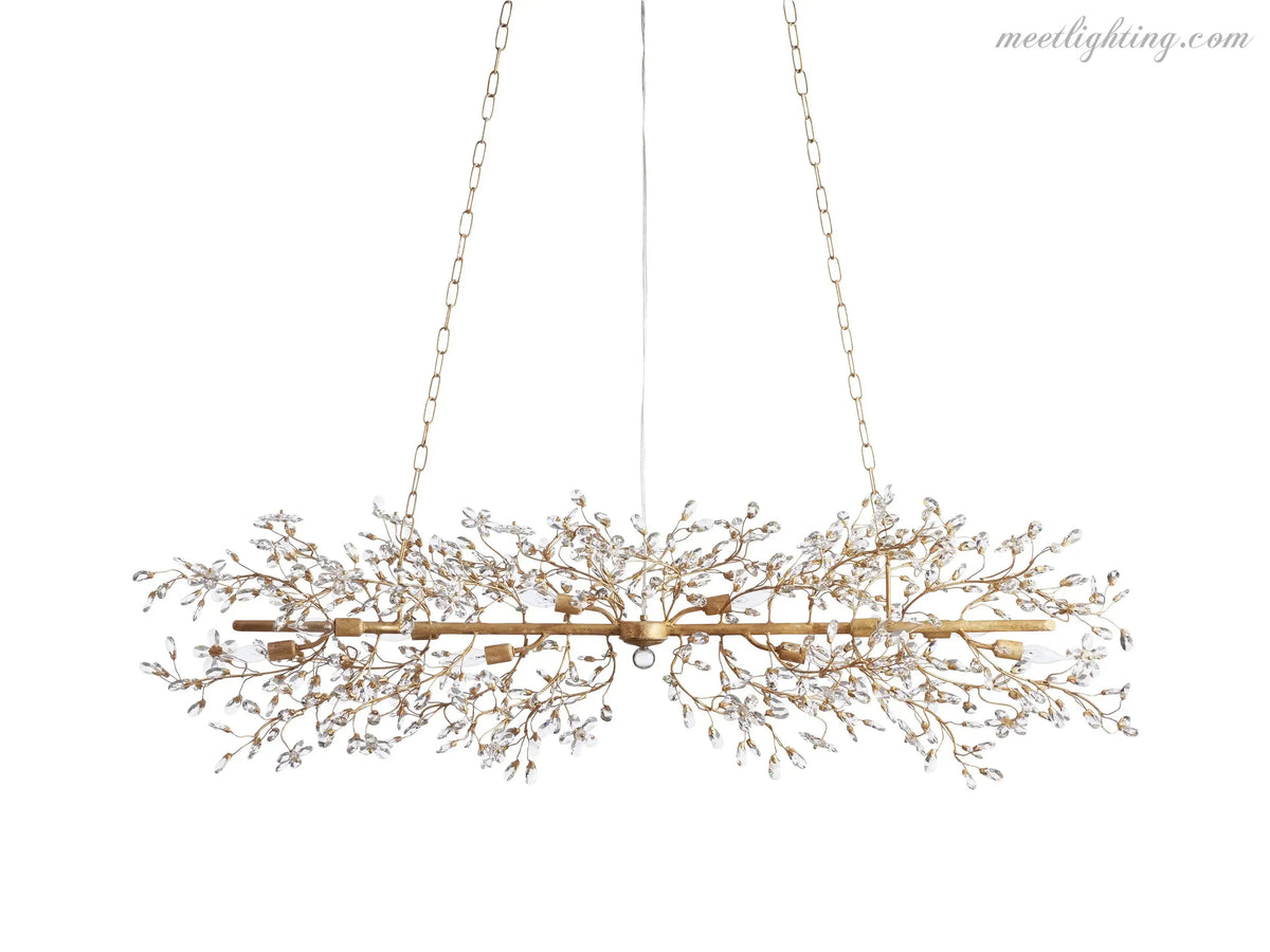 Crystal Branch Chandelier 8-10 Light Linear Fixture for Dining Room Gold Silver Bronze Finish