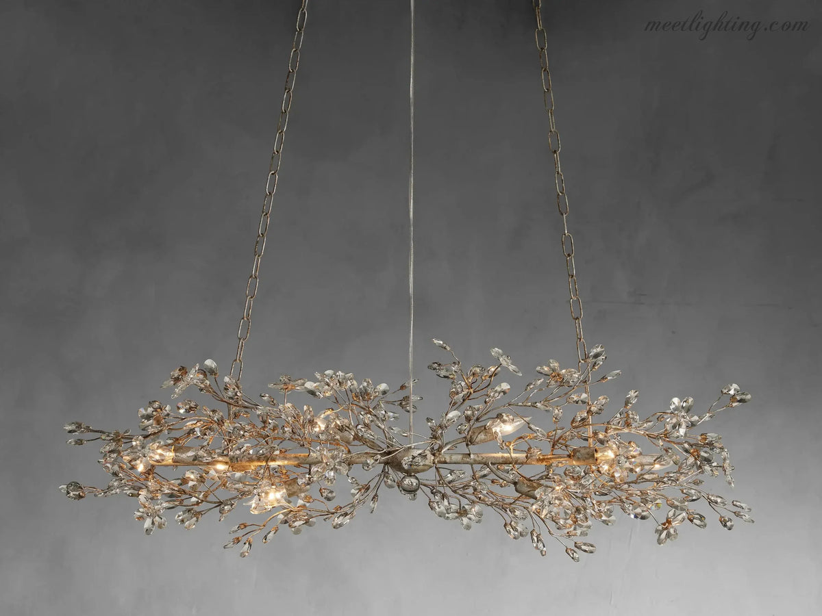 Crystal Branch Chandelier 8-10 Light Linear Fixture for Dining Room Gold Silver Bronze Finish