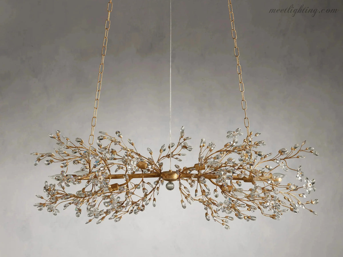 Crystal Branch Chandelier 8-10 Light Linear Fixture for Dining Room Gold Silver Bronze Finish
