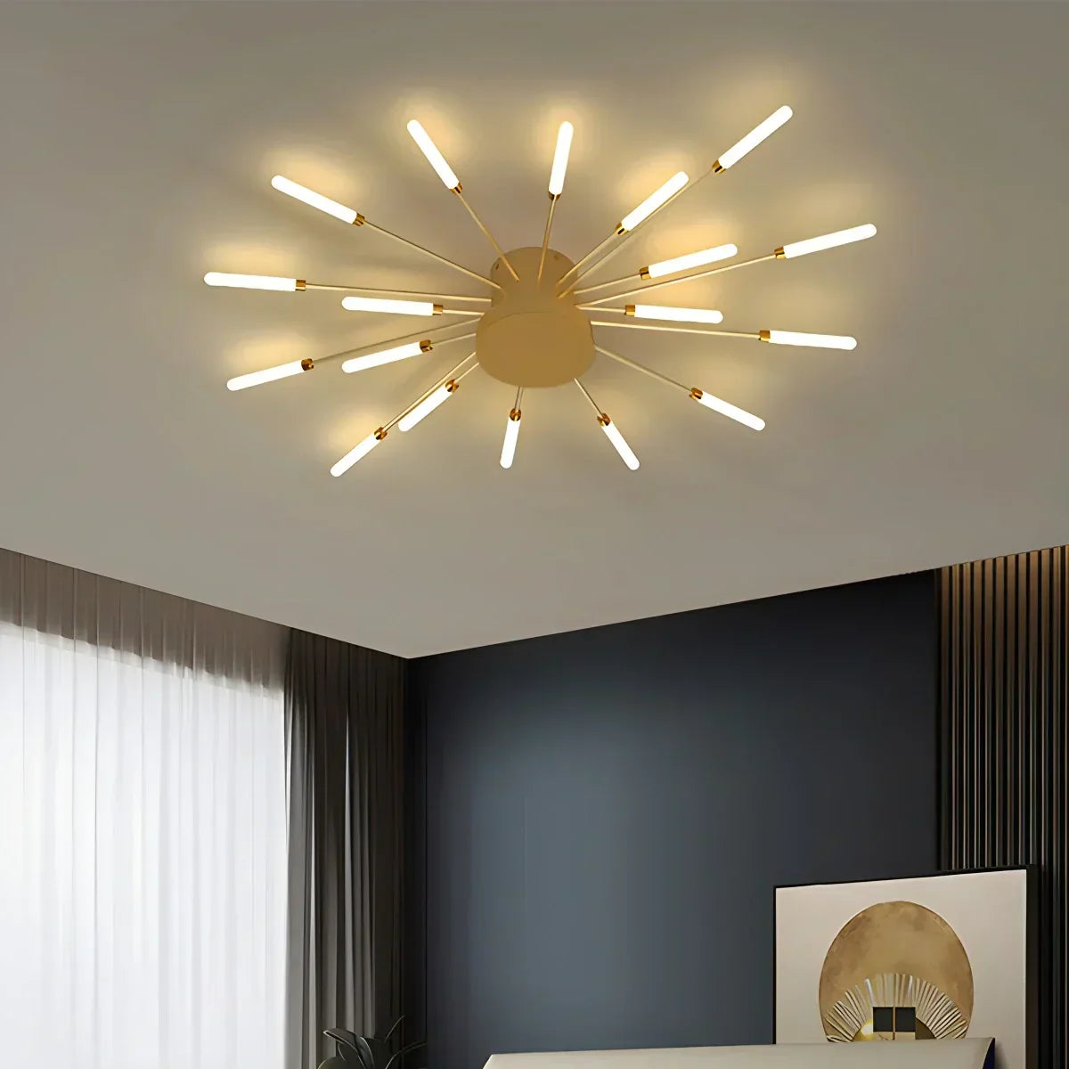Multi-Arm Starburst Ceiling Fixture Metal LED Dimmable Gold Black 20-42 Bulb Open-Plan Dining Room Contemporary Statement Light Large Space