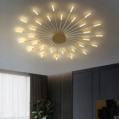 Multi-Arm Starburst Ceiling Fixture Metal LED Dimmable Gold Black 20-42 Bulb Open-Plan Dining Room Contemporary Statement Light Large Space