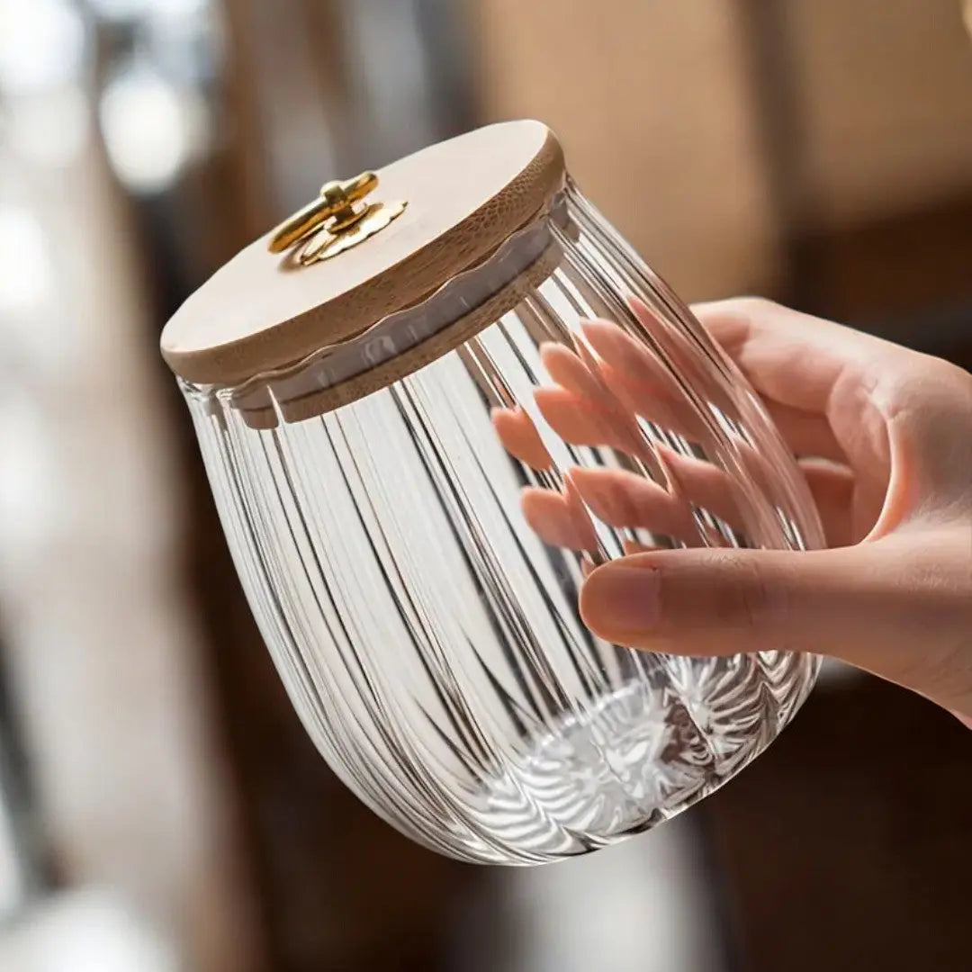 Glass Canister with Wooden Lid for Pantry Organization Kitchen Counter Storage Jar for Coffee Beans Loose Leaf Tea Dried Herbs Snacks Clear