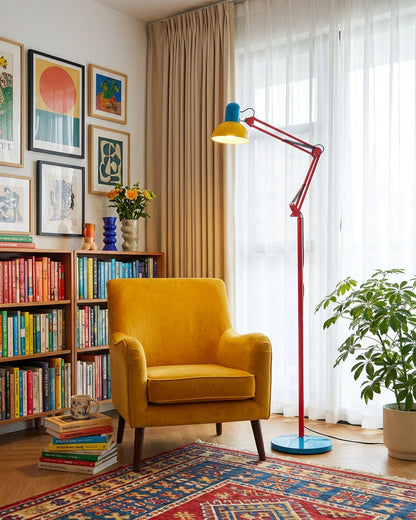 Articulated Task Lamp Standing Light 74 Inches Tall Posable Metal Reading Lamp Blue Red Yellow Colorful Modern Accent for Living Room Office