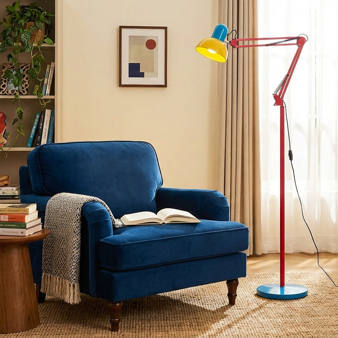 Articulated Task Lamp Standing Light 74 Inches Tall Posable Metal Reading Lamp Blue Red Yellow Colorful Modern Accent for Living Room Office