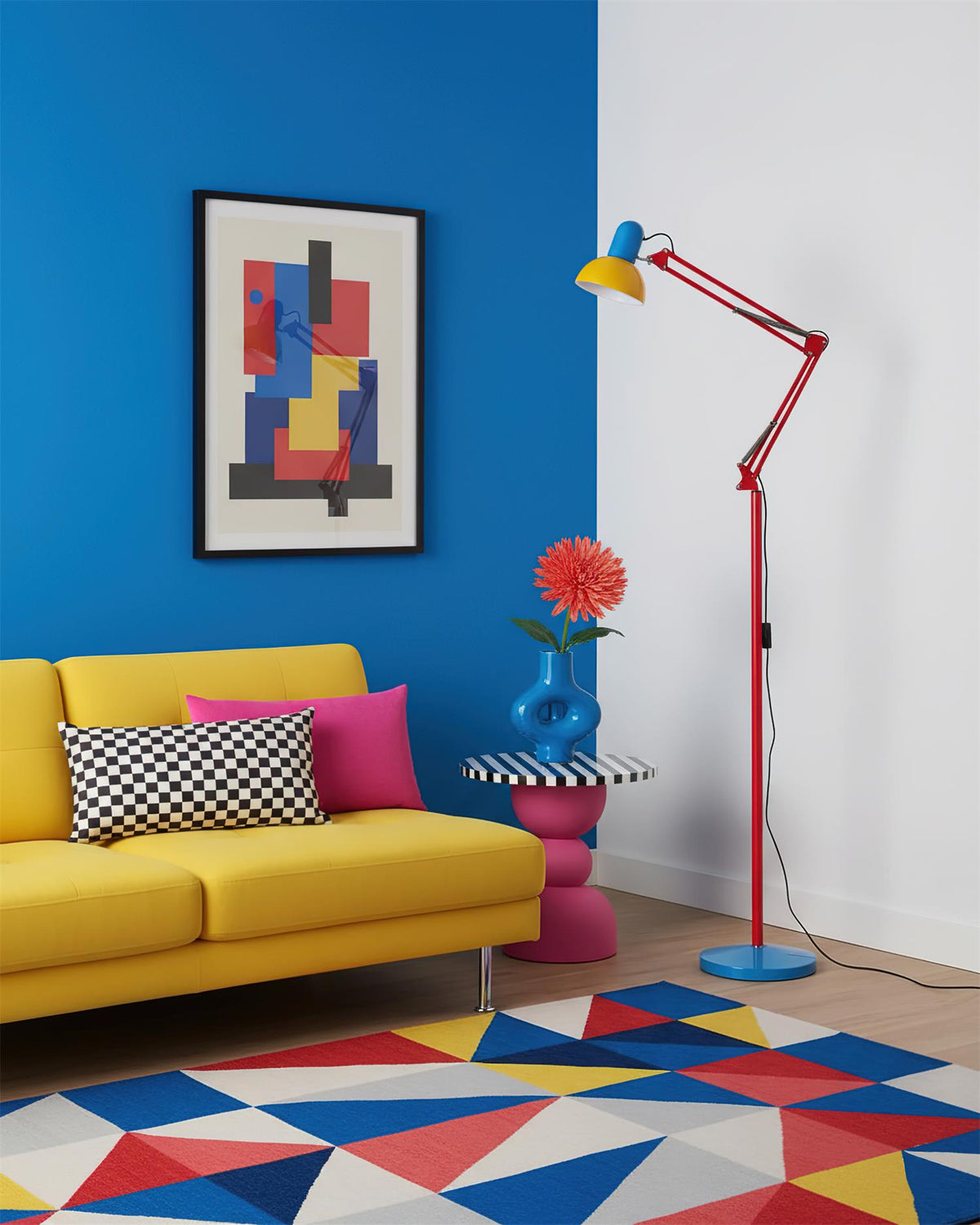 Articulated Task Lamp Standing Light 74 Inches Tall Posable Metal Reading Lamp Blue Red Yellow Colorful Modern Accent for Living Room Office