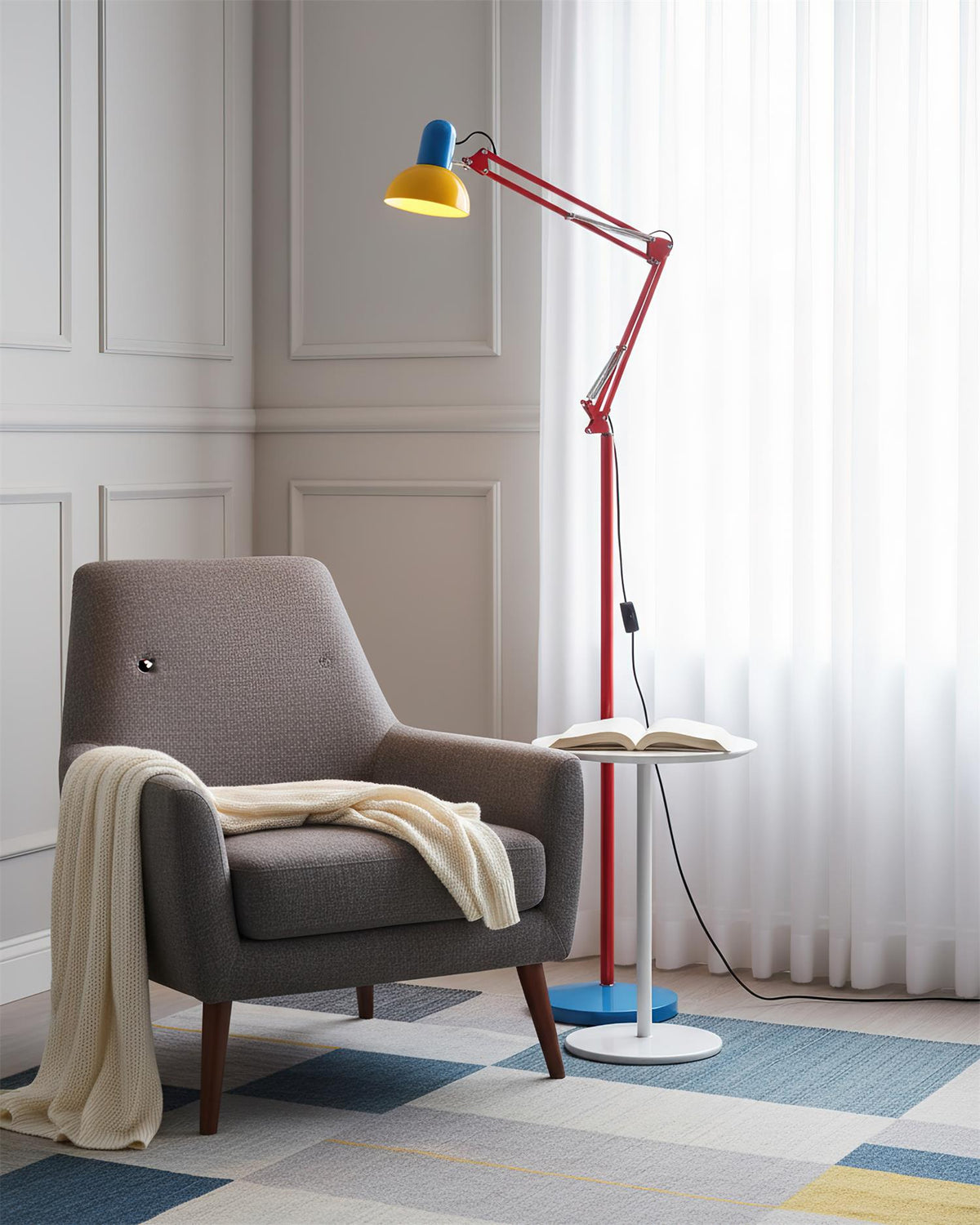 Articulated Task Lamp Standing Light 74 Inches Tall Posable Metal Reading Lamp Blue Red Yellow Colorful Modern Accent for Living Room Office